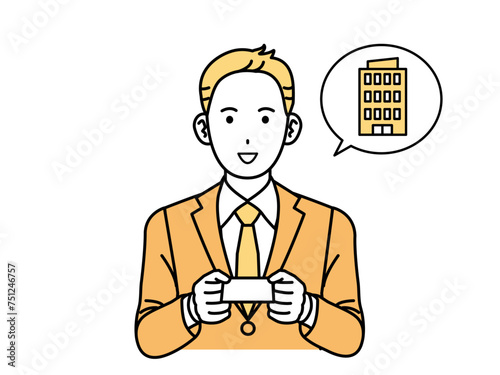 名刺を渡す会社員の男性、ビジネスマン