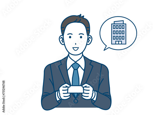 名刺を渡す会社員の男性、ビジネスマン