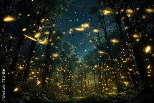 Fireflies illuminating a forest at dusk, many yellow fireflies are floating in the water, Enchanted forest clearing with fireflies , Ai generated © Tanu