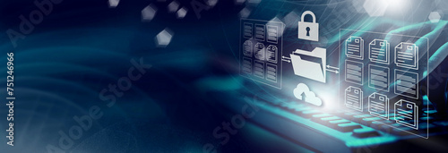  Online documentation database. AI document management system DMS concept. FTP (File Transfer Protocol), Secure FTP. Internet cloud technology, exchange information and data storage concept.