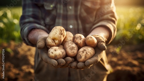 Farmer holding potatoes in field