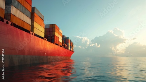 side view of a container ship over the ocean.