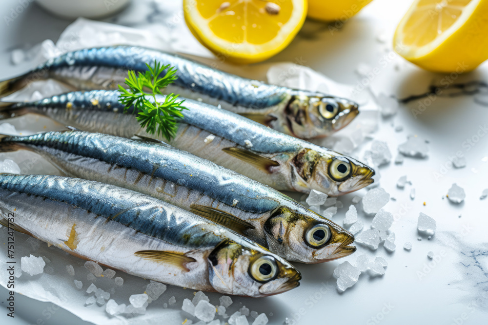 Fresh sardines on ground ice cubes with lemon and green parsley elements as decoration, seafood background
Fresh sardines on ground ice cubes with lemon and green parsley elements as decoration, seafood background