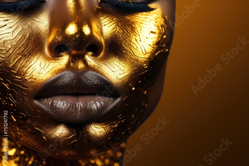 Golden woman face closeup studio background photoshot