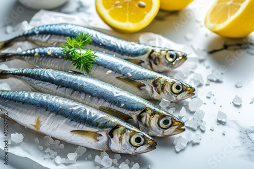 Fresh sardines on ground ice cubes with lemon and green parsley elements as decoration, seafood background 