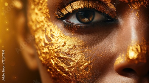Golden woman face closeup studio background photoshot