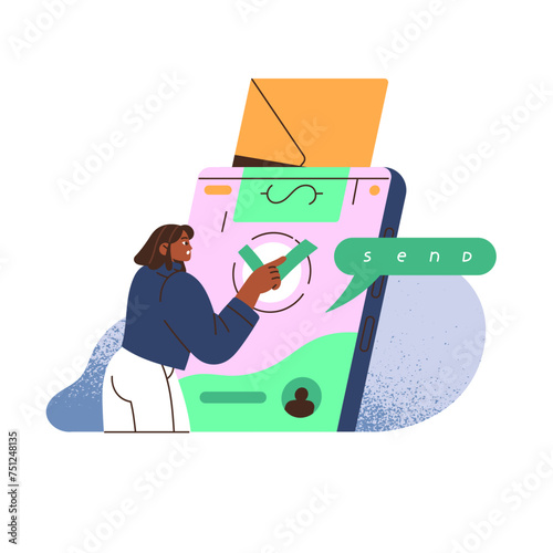 User sends digital money with phone. Online banking smartphone app. Proof of payment, success remittance, financial transaction, finance transfer. Flat isolated vector illustration no white background