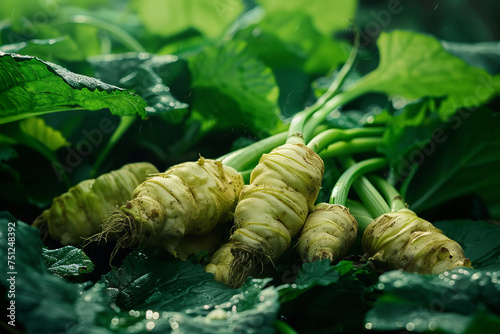 Freshly dug wasabi plants with stem close up
 photo