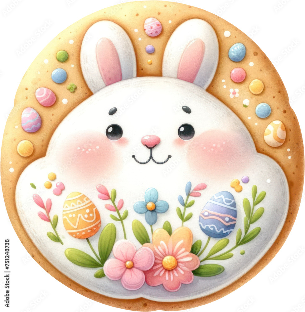 Easter Bunny Cookie with Decorative Icing, A charming Easter bunny shaped cookie adorned with decorative icing, colorful eggs, and spring flowers, perfect for holiday celebrations.