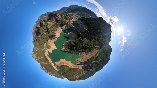 Water reservoir in drought - climate change,  tiny planet photo
