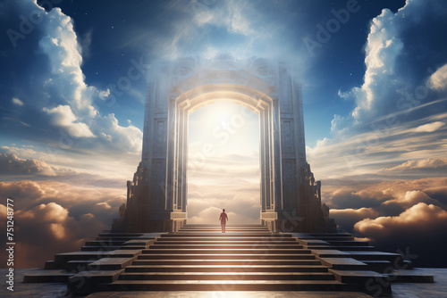 Person stands before an ethereal celestial gate amid clouds with a radiant sunrise