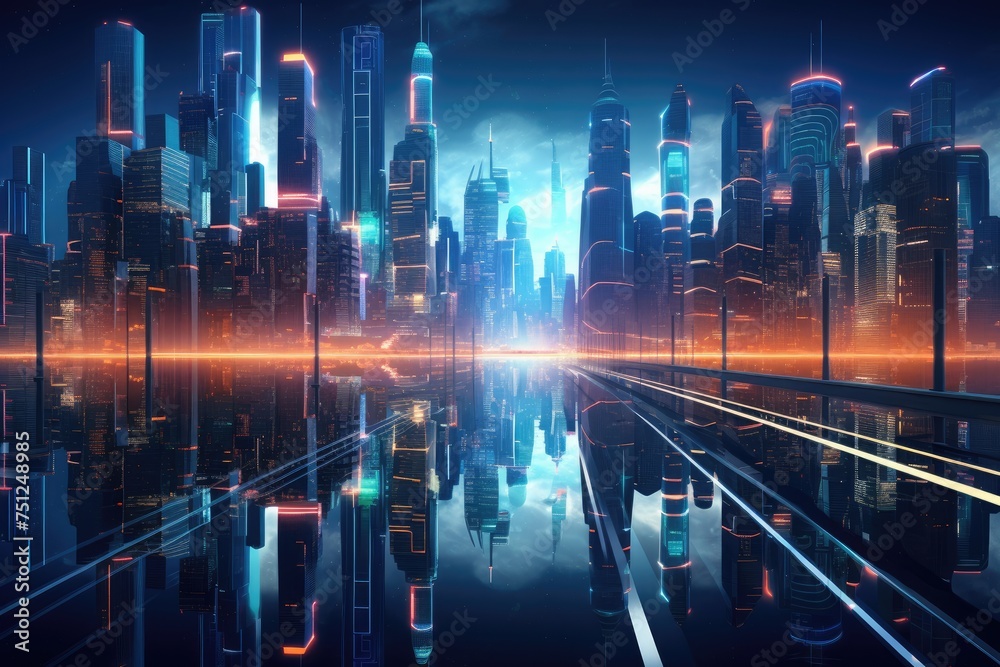 Futuristic cityscape with skyscrapers made of tech panels, Digital world metaverse technology, A modern and futuristic city made of glass,  Ai generated