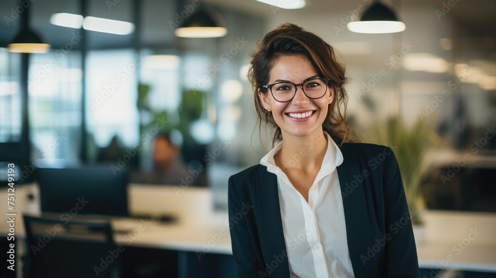 Happy business woman is smiling in office Happy business woman is smiling in office