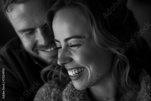 Laughing couple enjoying a close and happy moment, black and white photo
