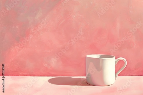 simple white cup with a handle sits on a smooth tabletop in front of a bright pink wall