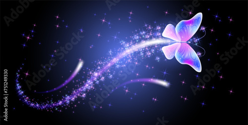 Magic butterfly with fantasy sparkle and blazing trail and glowing stars on night background