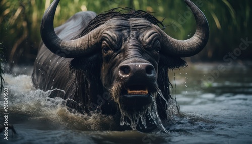 A Wild Water Buffalo with large horns is standing in the water  partially submerged. The animal appears to be wading through the shallow water