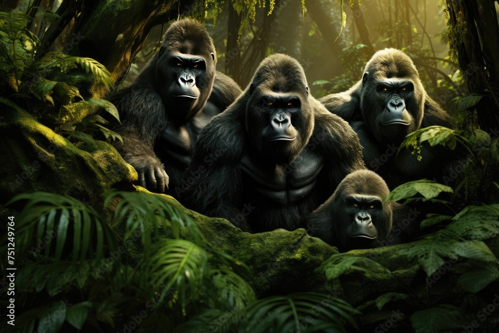 A group of gorillas in their natural rainforest habitat, Black macaque staring in tropical rainforest, Ai generated