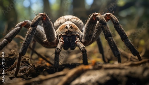 A close-up view of a Goliath Bird Eater Spider crawling on the ground. The spiders hairy legs and menacing mandibles are visible as it moves across the surface
