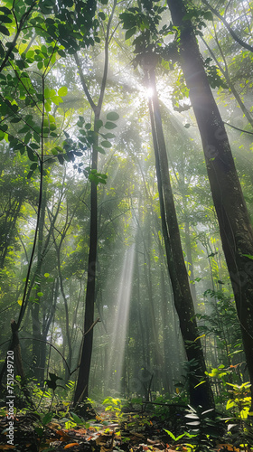 sunlight filtering through the leaves of tall giant trees in a dense forest