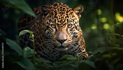 A sizeable Jaguar confidently strides through a thick, verdant forest. The majestic feline moves stealthily among lush foliage, showcasing its powerful and agile movements in its natural habitat © Anna