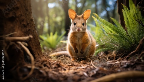 A Pademelon is standing upright amidst the trees in a dense forest. The marsupial appears alert and poised as it observes its surroundings in its natural habitat