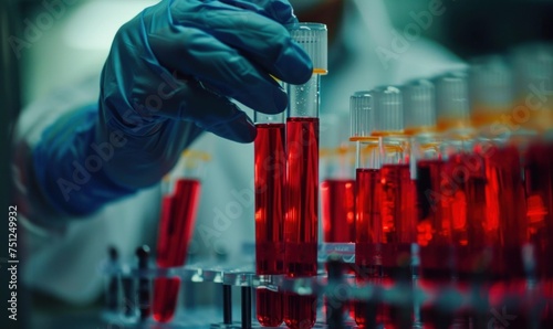 Close-up of laboratory technician manipulating blood-filled tubes
