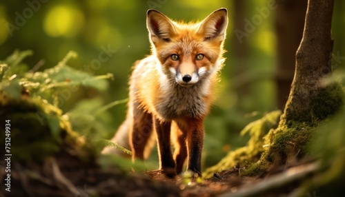 A red fox is standing in a dense forest, its eyes locked on the camera in front of it. The fox appears alert and curious, with its reddish fur blending into the forest backdrop