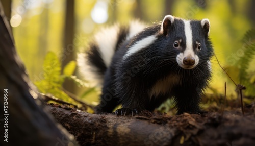 A skunk stands in the woods, looking directly at the camera. The badgers fur is dark and striped, blending into the forest background. Its posture is alert and focused, displaying a keen interest in 