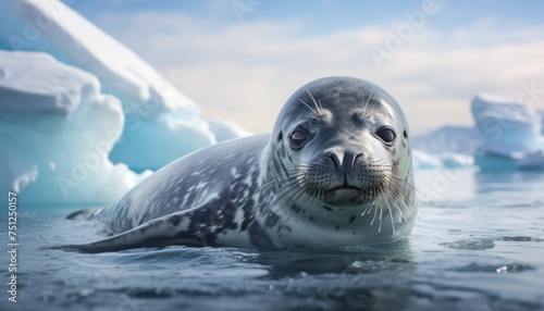 A Weddell seal is seen swimming in the water, surrounded by towering icebergs in the background. The seal gracefully maneuvers through the chilly waters, showcasing its natural habitat in Antarctica © Anna