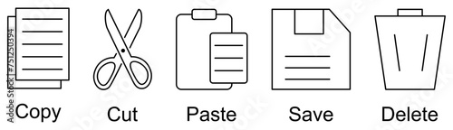 Copy, paste, cut, save and delete icons. Vector illustration, EPS10