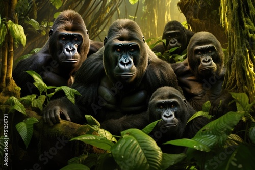 A group of gorillas in their natural rainforest habitat. A group of gorillas in their natural rainforest habitat, Close up portrait of cute endangered primate generated by AI