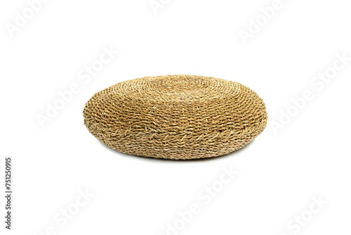 Artificial plant and wicker decorative cushion on white background