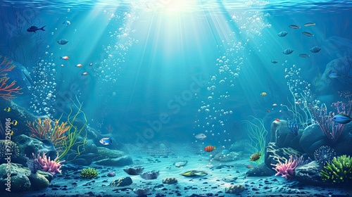 Long banner with turquoise underwater world and vivid daytime. Transparent deep water of the ocean sea with coral , rocks, fish and plants. AI Generated.