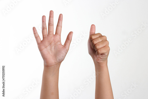 Raised hand showing number 6, isolated white background