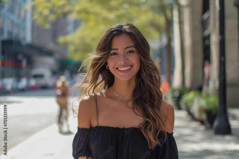 Radiant young woman in a black off-shoulder top smiles brightly on a sunny urban sidewalk with soft-focus background.