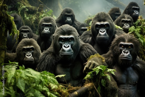 Closeup of a family group of mountain gorillas. A group of gorillas in their natural rainforest habitat, Close up portrait of cute endangered primate generated by AI photo