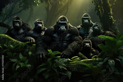 Closeup of a family group of mountain gorillas. A group of gorillas in their natural rainforest habitat  Close up portrait of cute endangered primate generated by AI