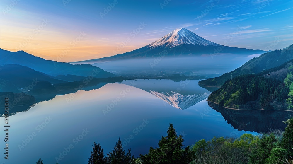 Lake view to the breathtaking Sunrise over Fuji mountain from the bank of the lake or river with still water