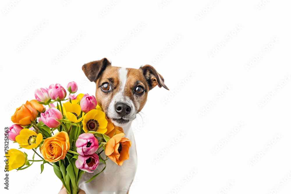 a dog with a spring bouquet on veterinarian's day on a white background with free space for text