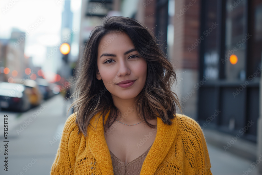 Portrait of a young woman in a mustard cardigan standing on a city sidewalk, her hair subtly tousled, with a gentle smile and soft gaze. Portrait of a young woman in a mustard cardigan standing on a city sidewalk, her hair subtly tousled, with a gentle smile and soft gaze.