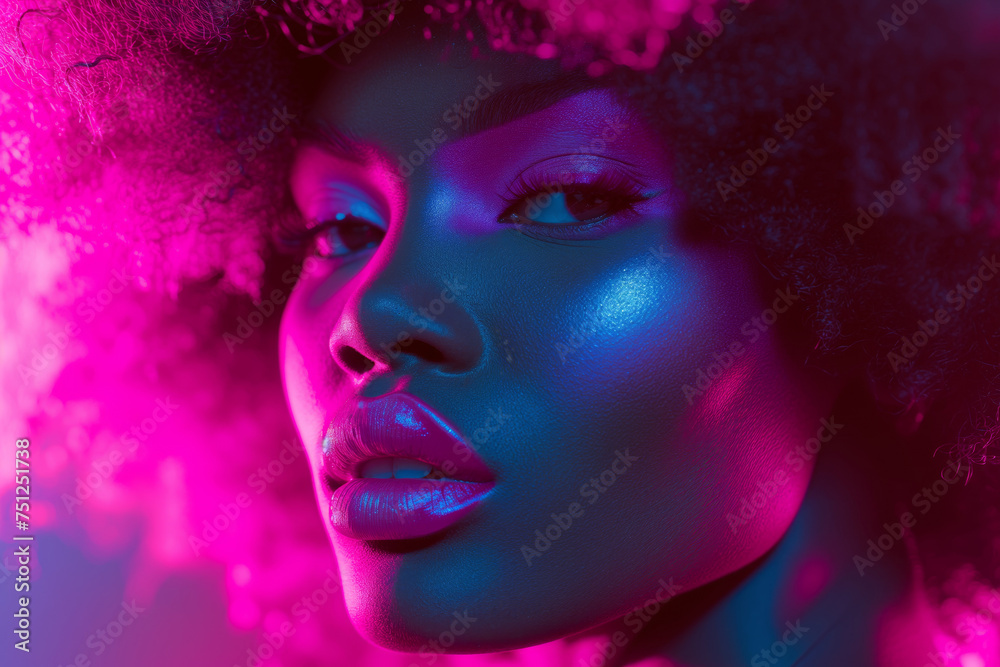 Close-up of an Afro-textured woman with pink and blue neon glow, highlighting her striking features and makeup.