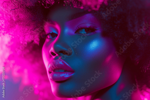 Close-up of an Afro-textured woman with pink and blue neon glow  highlighting her striking features and makeup.