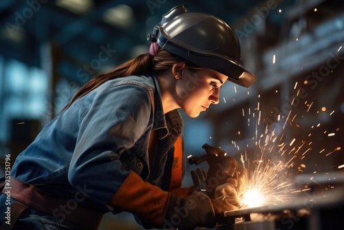 Young woman welding in factory