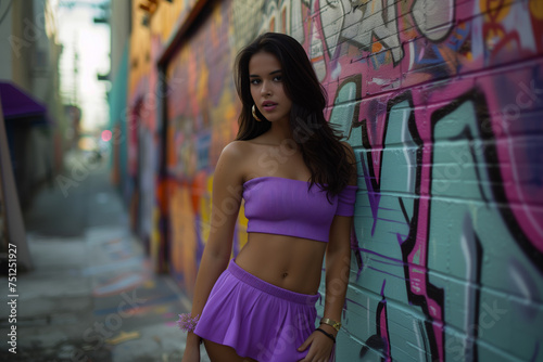 A woman in a purple two-piece outfit poses against a vibrant graffiti wall, her poised stance echoing the urban edginess of the alley.