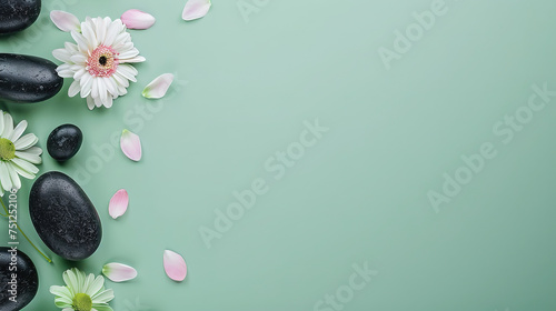 Flat lay composition with black spa stones and flowers isolated on light green background with space for text