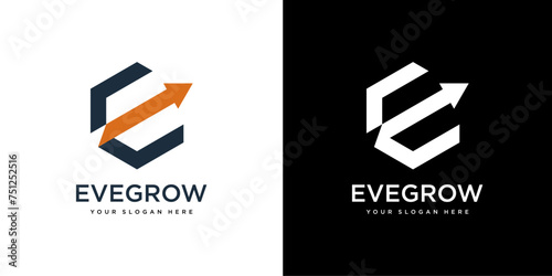 E Letter Financial Logo design template. Finance and Financial Investment Development Logo Concept with Business Growth Arrow.