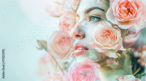 double exposure style beauty shot of a beautiful woman on a white background and pink roses