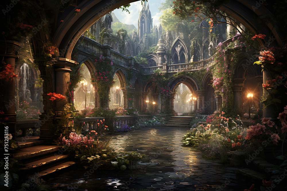 Magical atmosphere of a spring garden blooming amidst the grandeur of Gothic architectural ruins under the soft glow of twilight.