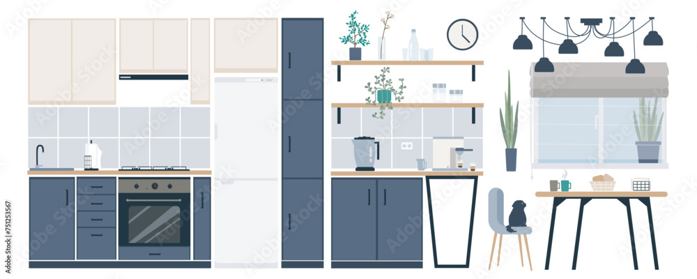 Kitchen interior elements constructor mega set in flat graphic design. Creator kit with cooking furnishing, tables, chairs, shelves, oven, stove, refrigerator, domestic appliance. Vector illustration. Kitchen interior elements constructor mega set in flat graphic design. Creator kit with cooking furnishing, tables, chairs, shelves, oven, stove, refrigerator, domestic appliance. Vector illustration.